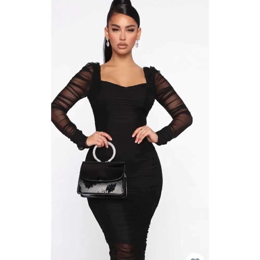 Fashion Nova Women’s Bohemian Rushed Midi Dress Long Sleeve Lined Back Zip Sz XL